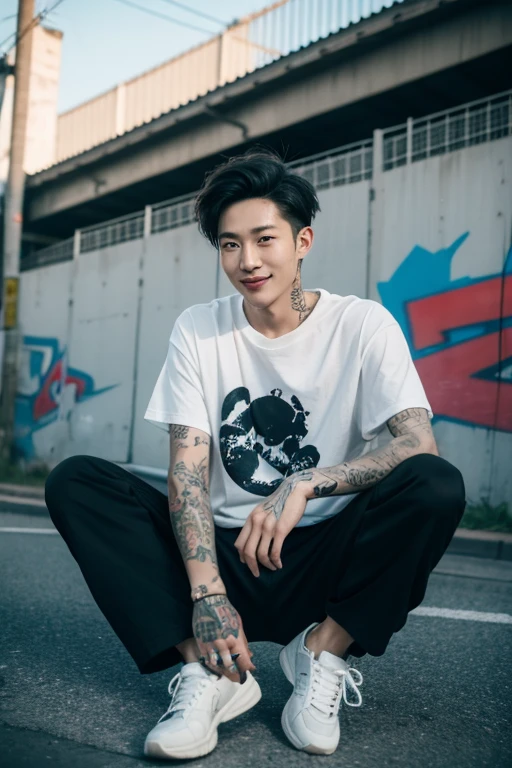 cinematic, a Korean man with Short hair sitting on a barrel, wearing a black t-shirt, "Candani" pants, sneakers, full of tattoos on his arms, casual photography, relaxed poses, solo shooting, modeling photography, sparkling in the sunlight, behind him you can see a tall fence made of used zinc which is full of graffiti, dramatic smiling pose, looking at the camera