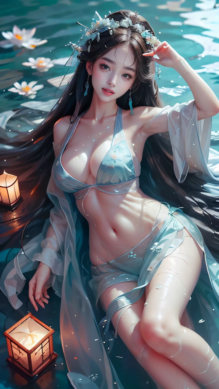 ((Aerial View)), 1 Girl, A very beautiful woman, Plump and slim woman, correct limbs, Right hand, in the darkness, ((float的,water,float)), ((lying down)), ((躺在池塘里玩water)), night, night view, moonlight, quaint buildings, bamboo huts, plant, The whole body is soaked, Wet hair, Pretty Face, masterpiece, original photo, best quality, detail, lifelike, Very detailed, Official Art, (extremely beautiful face, Beautiful lips, What beautiful big eyes!), detail的脸, Full breasts, , Slender sexy legs, 腿漏water, Very beautiful legs, Sexy pose, grace, A big smile, Show off your exquisite figure and graceful curves, Ray tracing