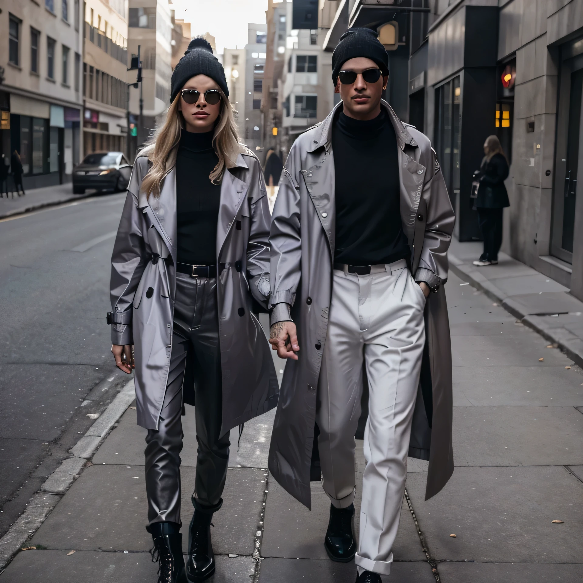 "A realistic image of a blonde female and male model wearing oversized trench coats and office trousers in the streetwear style of Tom Ford . They have tattoos on her body and is wearing dark square sunglasses. The models are standing on the street, fully clothed and in a non-nude pose. Completing the ensemble, they are both wearing a winter oversize beanies, adding a touch of casual flair to the overall look." Color palette: metalic silver, white, light purple and black