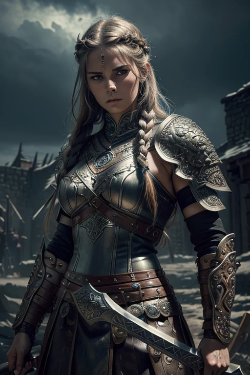 A beautiful Viking warrior woman, Laguertha, (1girl:1.2), detailed face, piercing eyes, fierce expression, long braided hair, wearing intricate leather armor, holding a large battle axe, (medieval, fantasy:1.1), dramatic lighting, cinematic, dark moody atmosphere, (highly detailed, photorealistic, masterpiece:1.4)