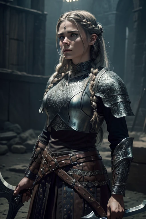 A beautiful Viking warrior woman, Laguertha, (1girl:1.2), detailed face, piercing eyes, fierce expression, long braided hair, wearing intricate leather armor, holding a large battle axe, (medieval, fantasy:1.1), dramatic lighting, cinematic, dark moody atmosphere, (highly detailed, photorealistic, masterpiece:1.4)