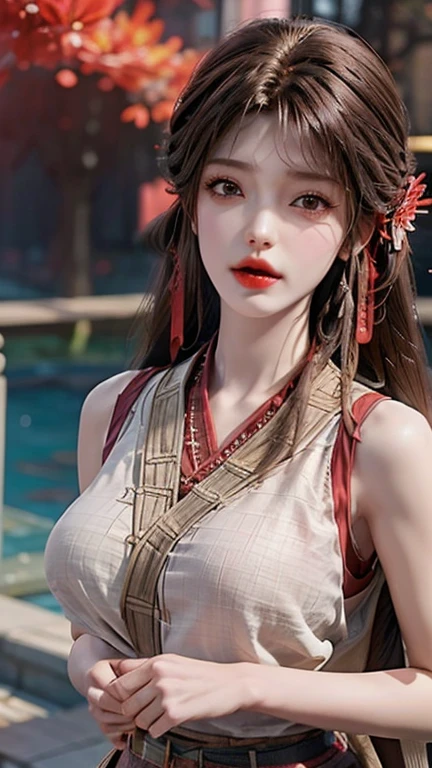 (超HD、Retina、masterpiece、precise、Anatomically correct、textured skin、Super Detail、High Detail、high quality、best quality、high resolution、1080P、HD、4k、8K、16K)、(beautiful_detailed_Eyes、beautiful_detailed_Lips、extreme_detailed_Eyes_and_Face)、Soft_light、Physics-based_Rendering、vivid_color、 (Large target_breast:1.5)、(Shiny_hair、Shiny_skin、tanned_skin、blush)、(Bangs:1.5)、Eye_reflection、(Bokeh)、微lol_and_lol、(Sleeveless_Business_shirt:1.5)、Start from below,face camera,black hair,brown Eyes,Red head rope,Above the hips