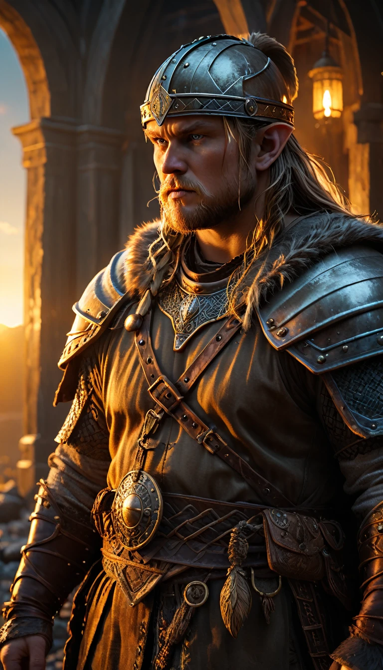 As the sun began to set, The warm golden hues of the sun illuminated his ornate attire, casting a warm glow across the area, Ground-level shot, badass viking eating, background dark, hyper realistic, ultra detailed hyper realistic, photorealistic, Studio Lighting, reflections, dynamic pose, Cinematic, Color Grading, Photography, Shot on 50mm lens, Ultra-Wide Angle, Depth of Field, hyper-detailed, beautifully color, 8k, golden light from the front,