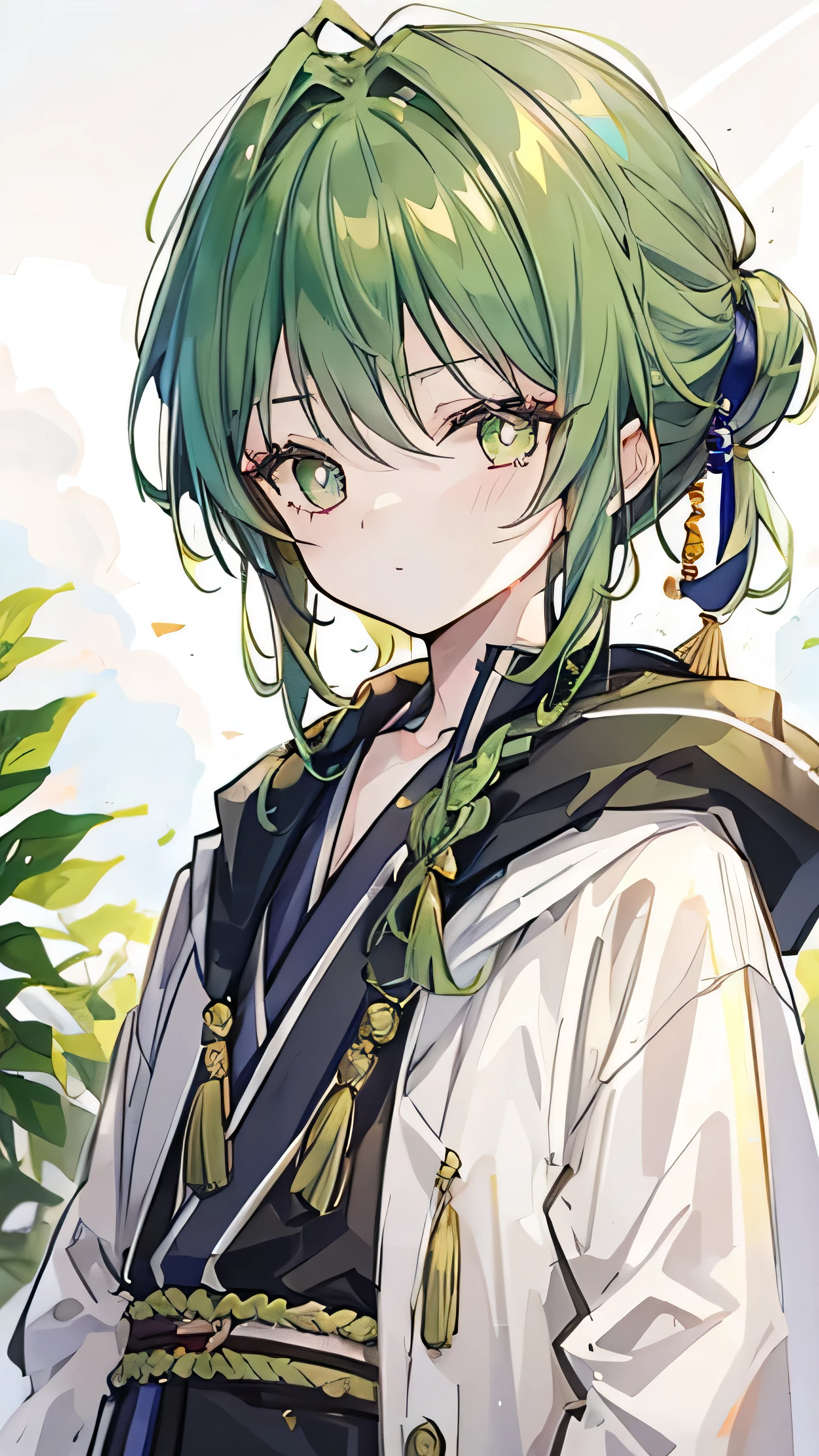10-year-old boy,Golden-green hair,Emerald green pupils,Ronin hairstyle,Perseverance
