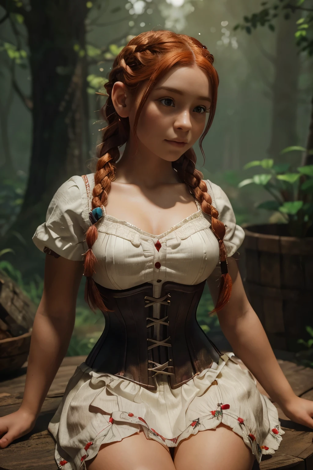 a small gnome girl with bright red hair in braids, wearing a corset and a white shirt, highly detailed, masterpiece, (best quality,4k,8k,highres,masterpiece:1.2),ultra-detailed,(realistic,photorealistic,photo-realistic:1.37),fantasy,intricate details,magical,whimsical,warm colors,soft lighting