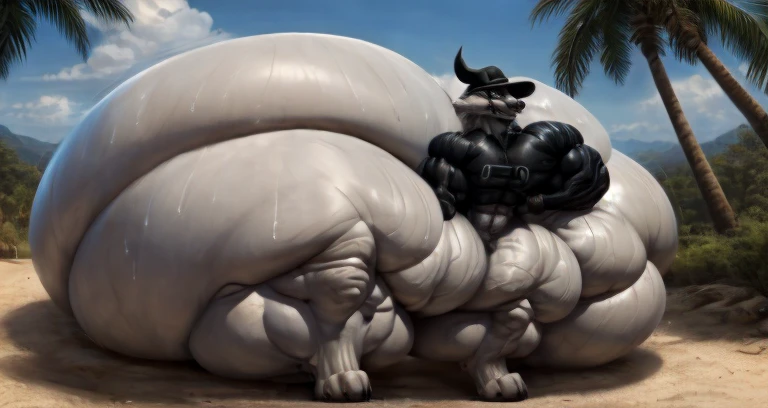 4k, high resolution, best quality, perfect lightning, perfect, solo, anthro, young, boy,white wolf:2.0, furry body, (fluffy mane:1.2), fluffy tail, male, adult, (bulky2:0, thick muscles2:0, huge muscles:2.0, hyper muscles:2.0), (thick biceps, veiny biceps, broad shoulders:2.0), (thick legs, thick calves:1.1), (digitigrade legs, 4 toes:1.2), perfect colors, (photorealistic fur, detailed fur, epic, masterpiece), (suggestive posing:1.2), (seductive smile, lustful grin 1.3), detailed beach,detailed wolf eyes:2.0, by k0suna, by darkgem,nipple ring,hyper arms:2.0,veins,white body,white fur,hyper butt:2.0,hyper paws:2.0,standing,thick legs,thick butts:2.0,sweat body:2.0,massive butt:2.0,black hat,hyper ass:2.0,huge ass,long legs,juicy butt:2.0,butt like a mountain,extremely hyper butt:2.0