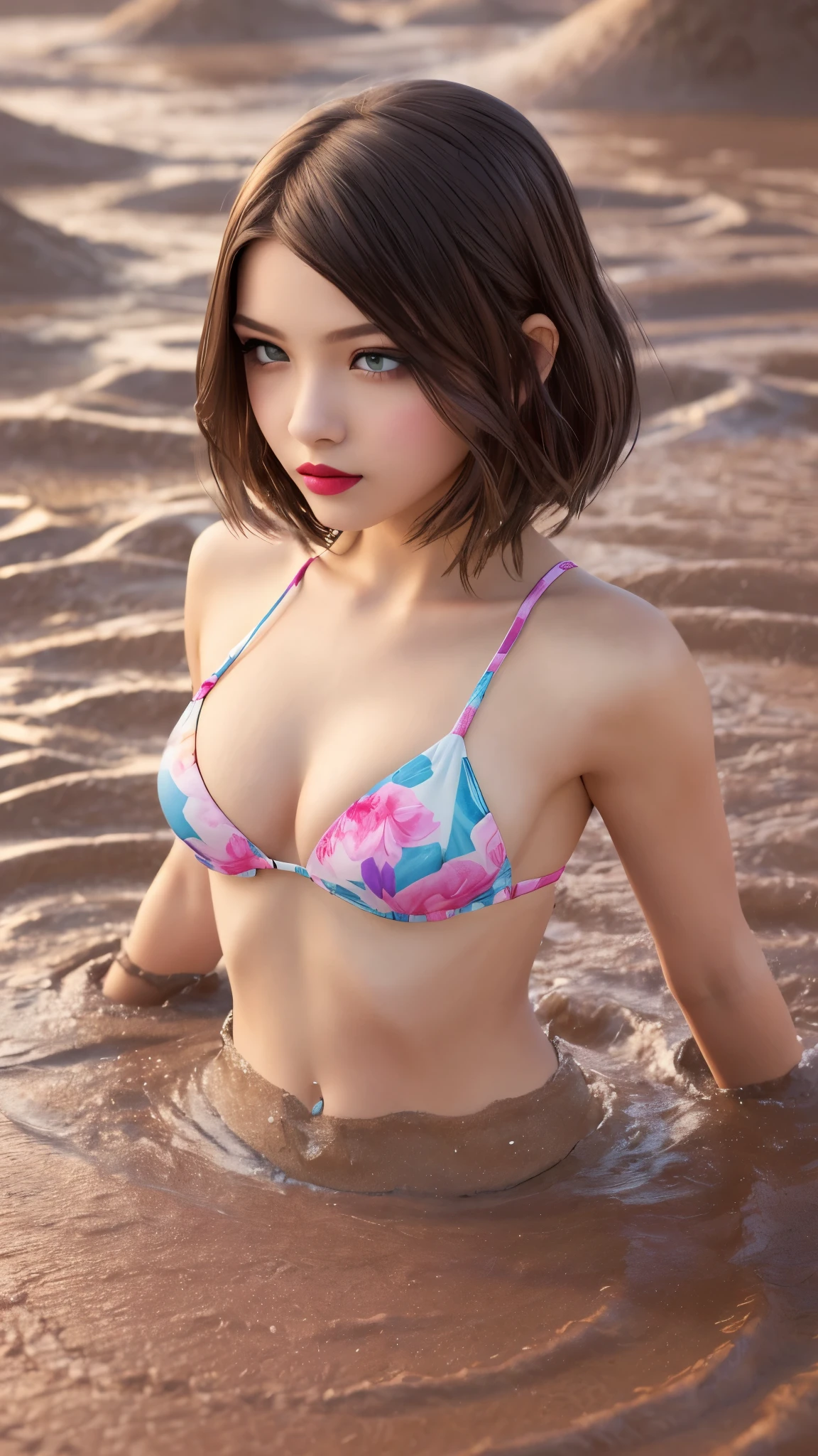 beautiful girl, brown eyes, beautiful 18 year old girl, hair color [Brown highlights hair], [undercut pixie] hair, short hair, lips, realistic, narrow waist, charming, pink lipstick, colorful makeup, long eyelashes, fair skin, (cute), (detailed face), detailed eyes, detailed iris, (large breasts:1.2), (angry), (quicksand:1.3), (swimsuit)