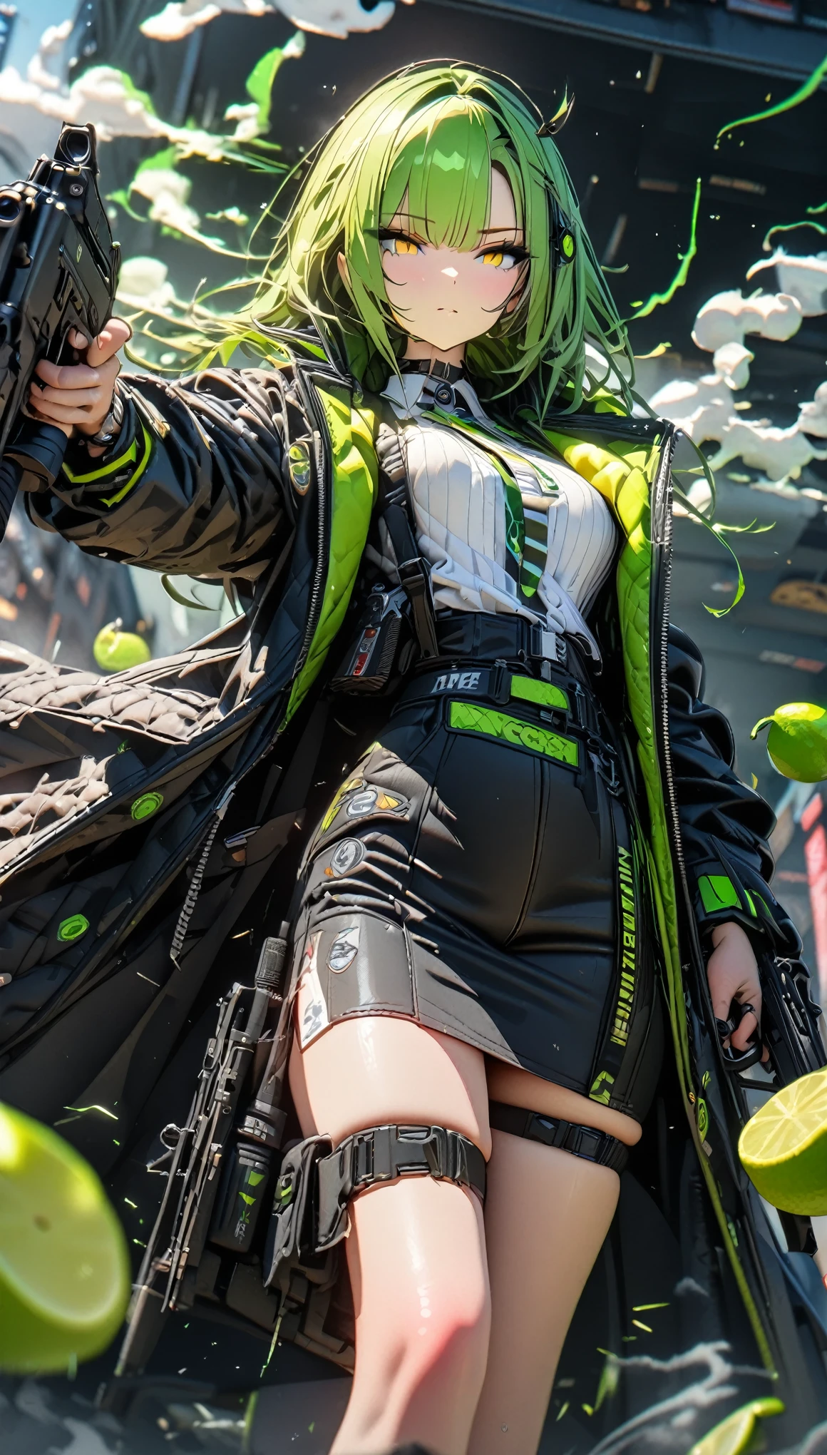 ultra detailed, masterpiece, 8k, angelic, 1girl, focus on girl, viper,( floating lime green smoke:1.3), a girl holding sub machine gun, cool, stylish code, dark, green, black