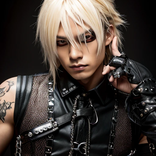 1 japanese male rocker, asien eyes, Visual Kai hairstyle, ultra detailed face and body, hyperrealistic, realistic representation, muscular, broad shoulders, tattoos gothic style, piercings, Visual Kei style, hairstyle Visual Kei, blond, 30 years old, age 30, outfit gothic streampunk, men's shirt and black pants, Asian eyes, eyes Asian, long hair, long hair