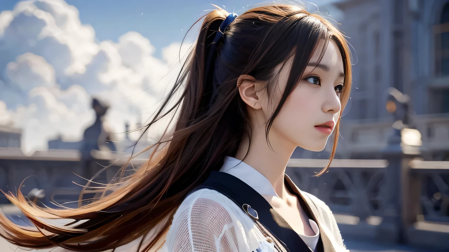 A 20-year-old Japanese woman with a beautiful profile like a popular actress。For crystal clear white skin、A slightly sad expression, as if she had been heartbroken。Her very long and beautiful hair is impressive.。Wearing the latest fashionable clothes。A large moon is floating in the background。Realistic images as if they were taken with a high-performance camera。High image quality。