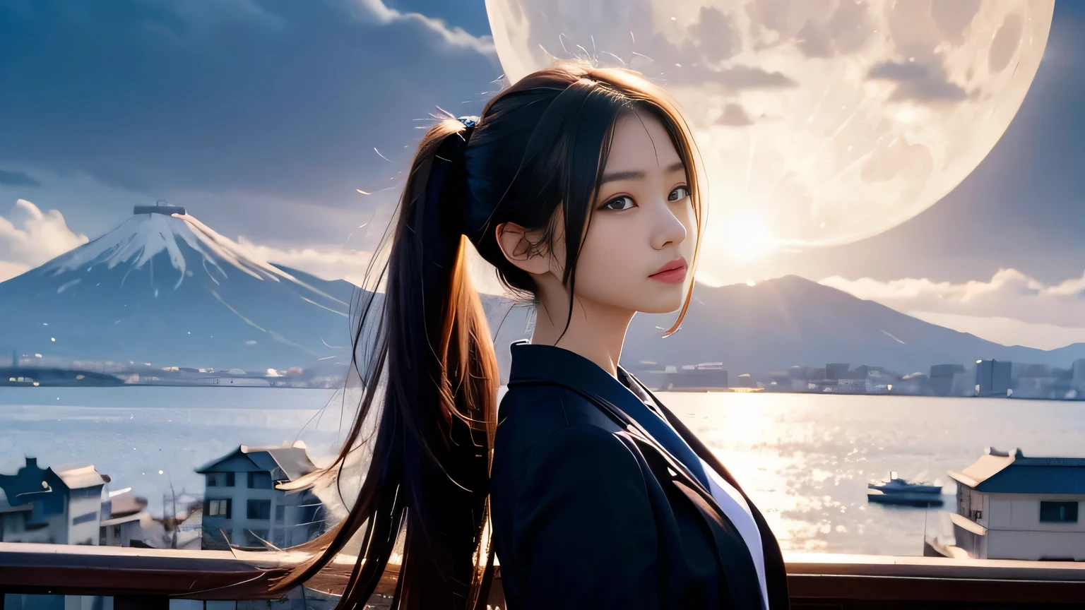 A 20-year-old Japanese woman with a beautiful profile like a popular actress。For crystal clear white skin、A slightly sad expression, as if she had been heartbroken。Her very long and beautiful hair is impressive.。Wearing the latest fashionable clothes。A large moon is floating in the background。Realistic images as if they were taken with a high-performance camera。High image quality。