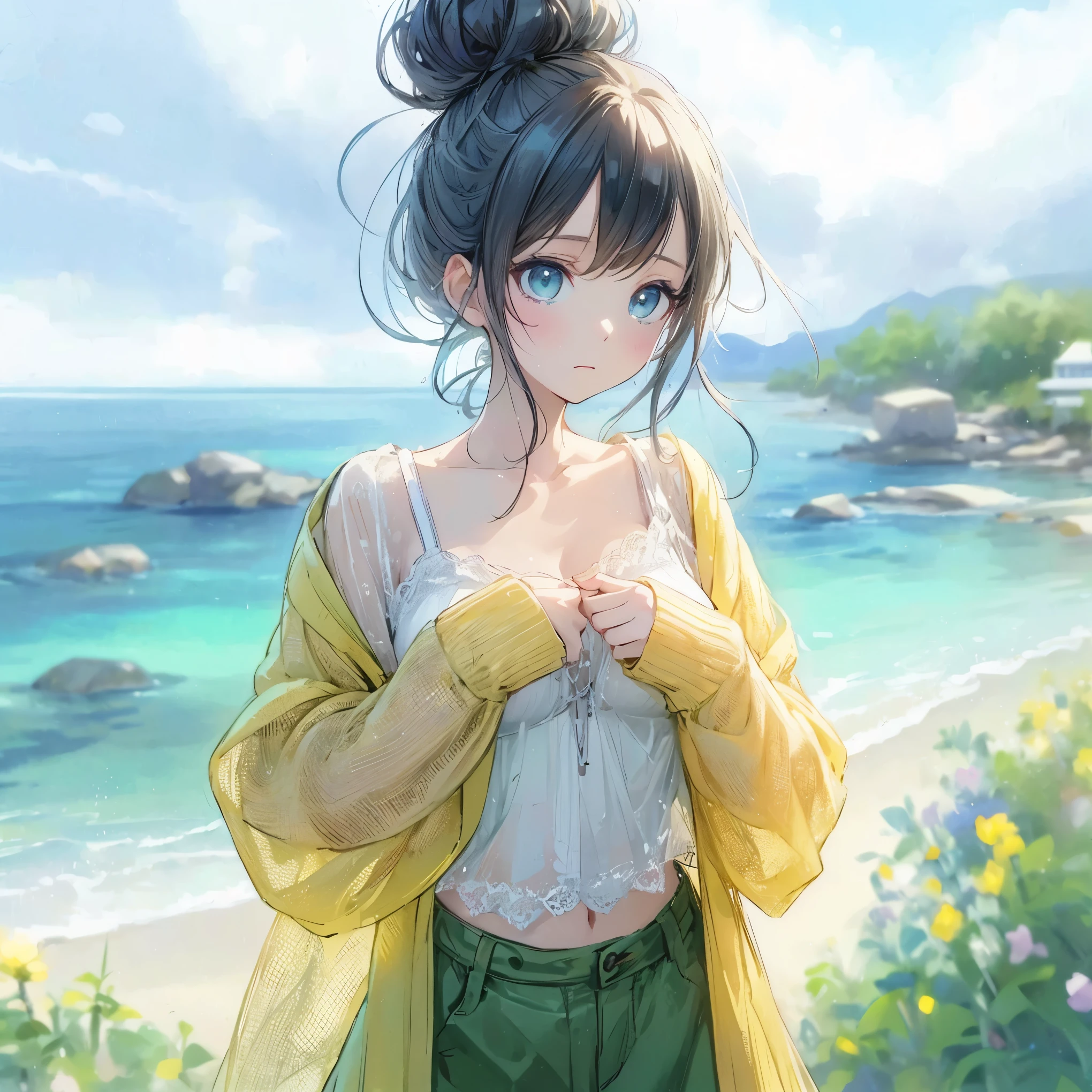 Official art using high-quality hand-drawn watercolor sketch techniques. (best quality,4k,8k,highres,masterpiece:1.2),ultra-detailed,beautiful detailed gray eyes,A girl with beautiful eyes, everyone, beautiful anime girl, cute anime girl, smooth anime art, anime style, elegant colors, soft lighting, delicate beautiful wet eyes, very coquettish, (beautiful large breast:1.2), (correct hands:1.2),