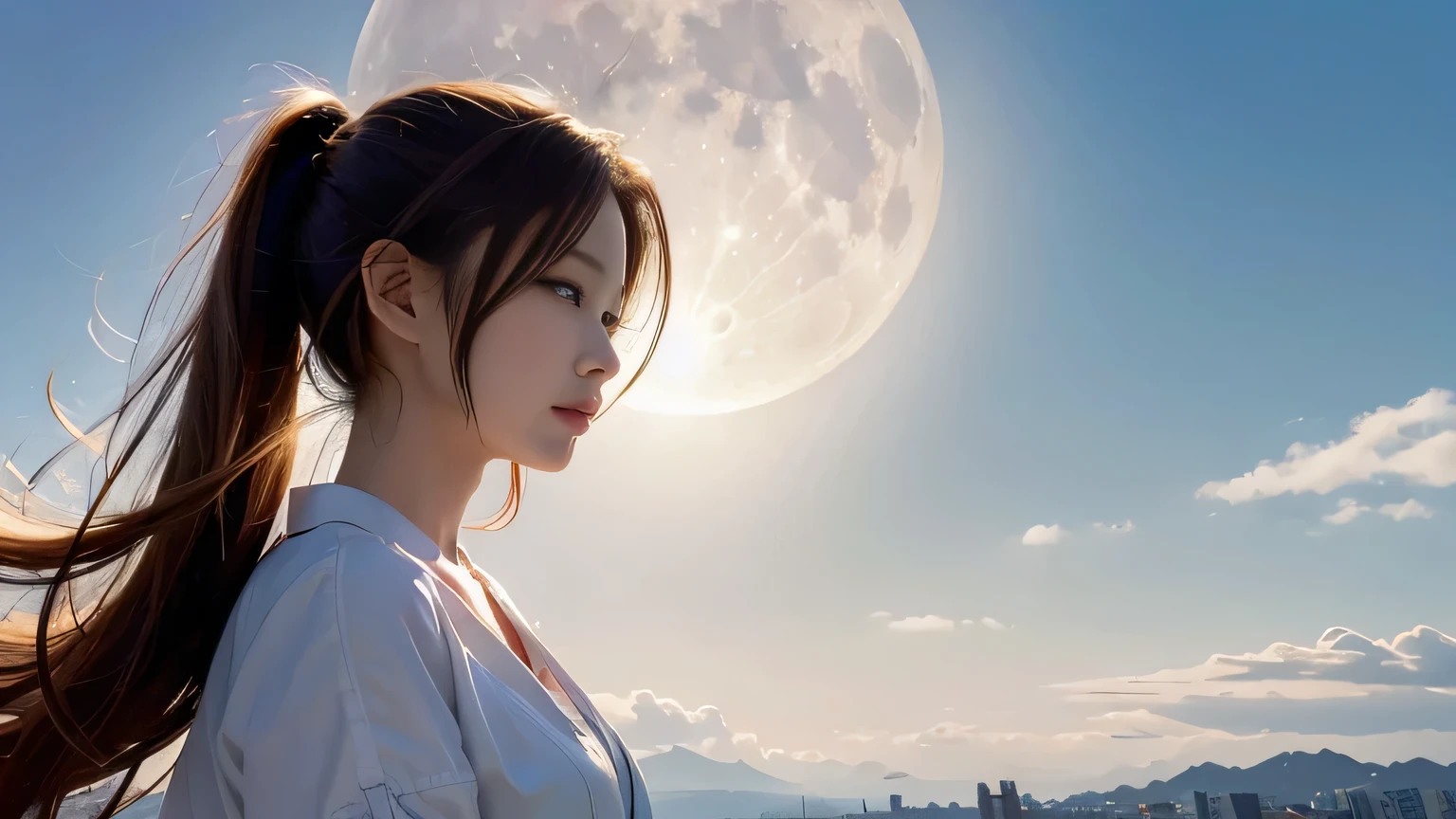 A 20-year-old Japanese woman with a beautiful profile like a popular actress。For crystal clear white skin、A slightly sad expression, as if she had been heartbroken。Her very long and beautiful hair is impressive.。Wearing the latest fashionable clothes。A large moon is floating in the background。Realistic images as if they were taken with a high-performance camera。High image quality。
