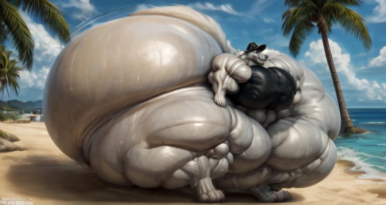 4k, high resolution, best quality, perfect lightning, perfect, solo, anthro, young, boy,white wolf:2.0, furry body, (fluffy mane:1.2), fluffy tail, male, adult, (bulky2:0, thick muscles2:0, huge muscles:2.0, hyper muscles:2.0), (thick biceps, veiny biceps, broad shoulders:2.0), (thick legs, thick calves:1.1), (digitigrade legs, 4 toes:1.2), perfect colors, (photorealistic fur, detailed fur, epic, masterpiece), (suggestive posing:1.2), (seductive smile, lustful grin 1.3), detailed beach,detailed wolf eyes:2.0, by k0suna, by darkgem,nipple ring,hyper arms:2.0,veins,white body,white fur,hyper butt:2.0,hyper paws:2.0,standing,thick legs,thick butts:2.0,sweat body:2.0,massive butt:2.0,black hat,hyper ass:2.0,huge ass,long legs,juicy butt:2.0,butt like a mountain,extremely hyper butt:2.0