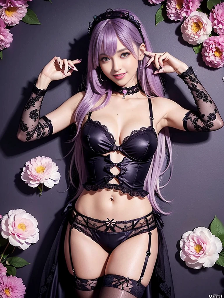 ultra realistic girl, only 1 girl, halloween, goth, gyaru, purple flowing hair, garter belt, cute lack lace underwear, sweet and sexy, seductive pose, shy, smile, flowers background