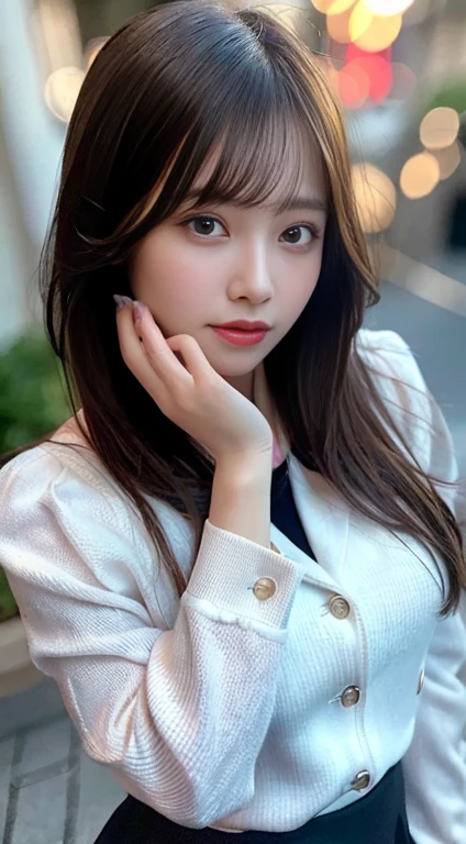 best quality, masterpiece, 1girl, Beautiful face, (photo realistic:1.3), rim lighting, (high detailed skin:1.2), 8k uhd, dslr, high quality, high resolution, 4k, 8k, Bokeh, absurdres, best ratio four finger and one thumb, (realistic:1.3), cute 1girl, wearing black formal blazer, medium breasts, short skirt,