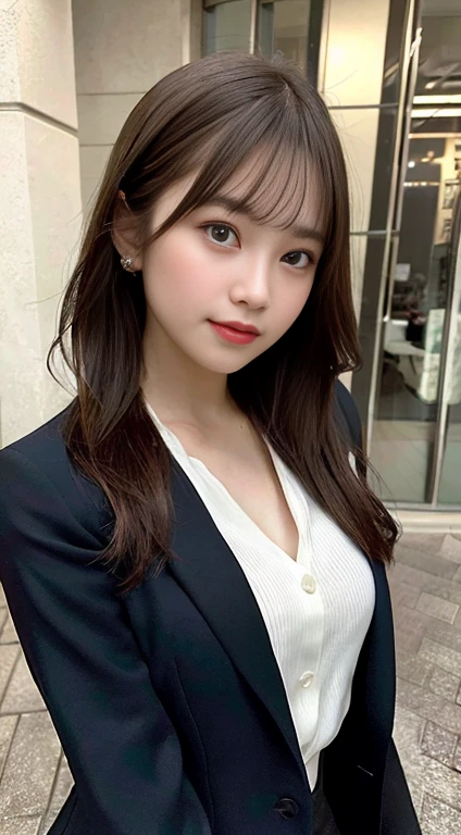 best quality, masterpiece, 1girl, Beautiful face, (photo realistic:1.3), rim lighting, (high detailed skin:1.2), 8k uhd, dslr, high quality, high resolution, 4k, 8k, Bokeh, absurdres, best ratio four finger and one thumb, (realistic:1.3), cute 1girl, wearing black formal blazer, medium breasts, short skirt,