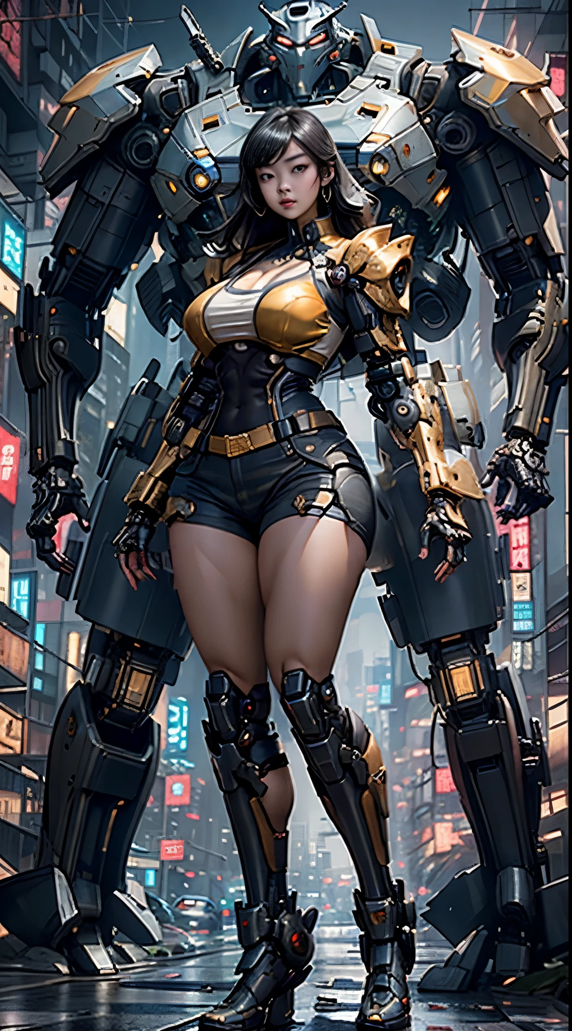 Boutique,best quality,Gold jewelry,(slip out feet),Fairy skin,(Fidelity :1.2),Standing,Super Detailed,realistic,High quality,Movie Light,Ray tracking,Ultra HD,Upper body
Girl in shorts and jacket standing next to giant robotic cat, Guweiz style artwork, CyberPunk mech, Trends on CGSTATION, Guweiz, Russell Dongjun Lu, digital cyberpunk anime art, Ross Tran 8 K, Guweiz on ArtStation Pixiv, Girl in mecha network armor,,(big booty) (face here) Plus size bbw big , (wide booty)insanely inflated hips,Thick body ,fat body , curve shap body, widest hips , thick hips ,widest breast, thick breast
