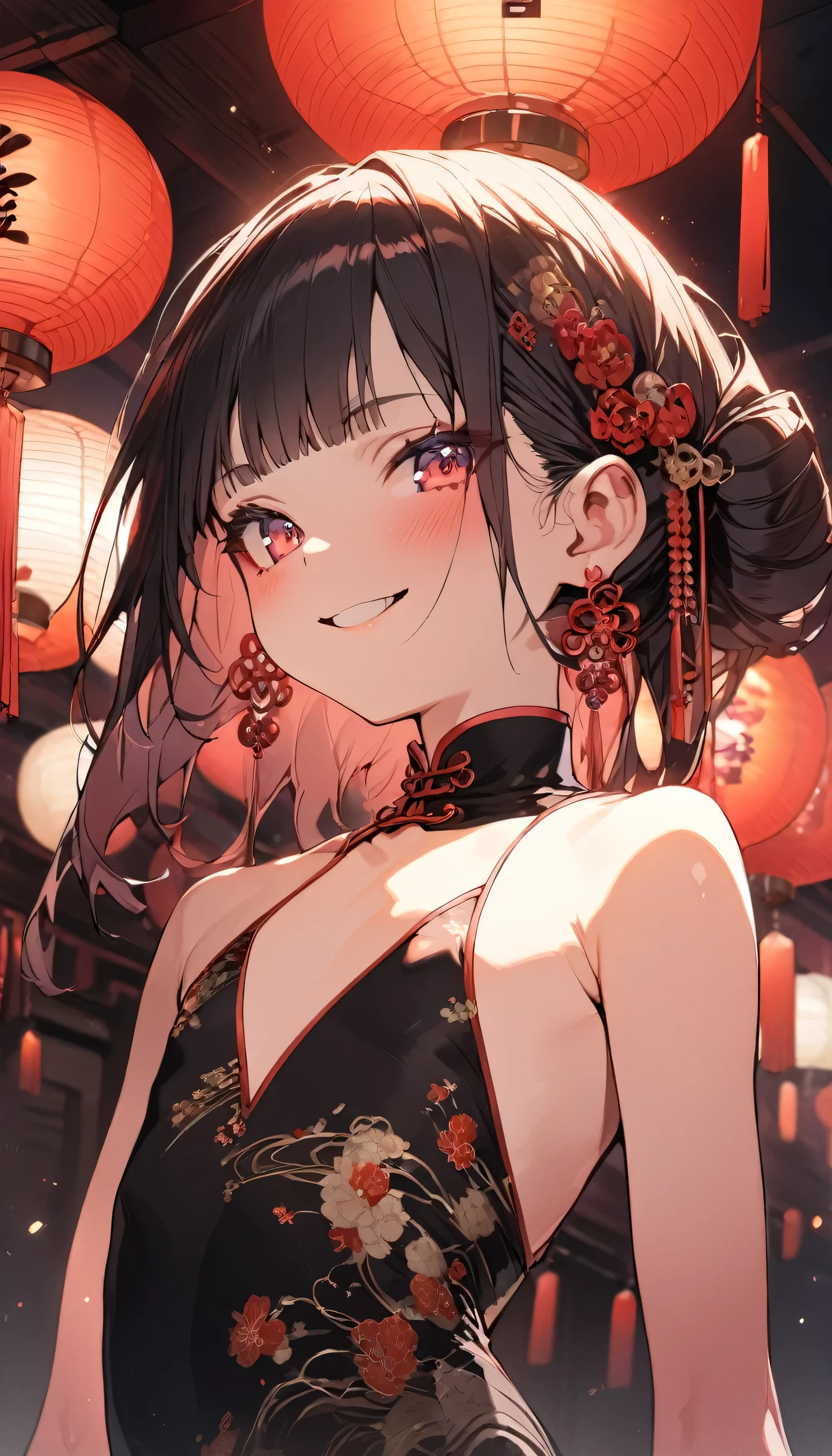Illumination, 1 girl, kawaii, smile, slender body, (flat chest:2.0), sparkling, Chinese dress, vivid color, upper body, extremely detailed, huge filesize, the best quality,