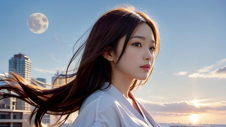 A 20-year-old Japanese woman with a beautiful profile like a popular actress。For crystal clear white skin、A slightly sad expression, as if she had been heartbroken。Her very long and beautiful hair is impressive.。Wearing the latest fashionable clothes。The background is night with a large moon floating in the sky。Realistic images as if they were taken with a high-performance camera。High image quality。