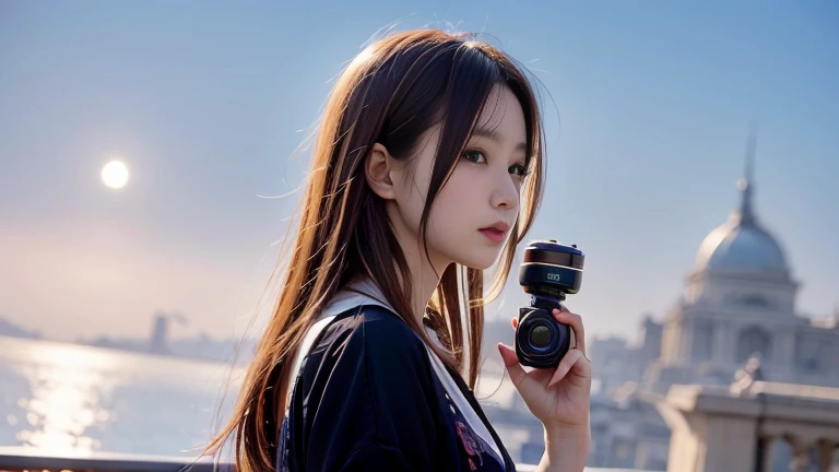 A 20-year-old Japanese woman with a beautiful profile like a popular actress。For crystal clear white skin、A slightly sad expression, as if she had been heartbroken。Her very long and beautiful hair is impressive.。Wearing the latest fashionable clothes。The background is night with a large moon floating in the sky。Realistic images as if they were taken with a high-performance camera。High image quality。