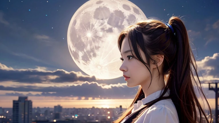 A 20-year-old Japanese woman with a beautiful profile like a popular actress。For crystal clear white skin、A slightly sad expression, as if she had been heartbroken。Her very long and beautiful hair is impressive.。Wearing the latest fashionable clothes。The background is night with a large moon floating in the sky。Realistic images as if they were taken with a high-performance camera。High image quality。