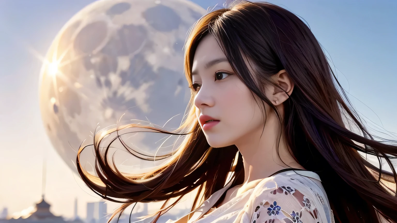 A 20-year-old Japanese woman with a beautiful profile like a popular actress。For crystal clear white skin、A slightly sad expression, as if she had been heartbroken。Her very long and beautiful hair is impressive.。Wearing the latest fashionable clothes。A large moon is floating in the background。Realistic images as if they were taken with a high-performance camera。High image quality。