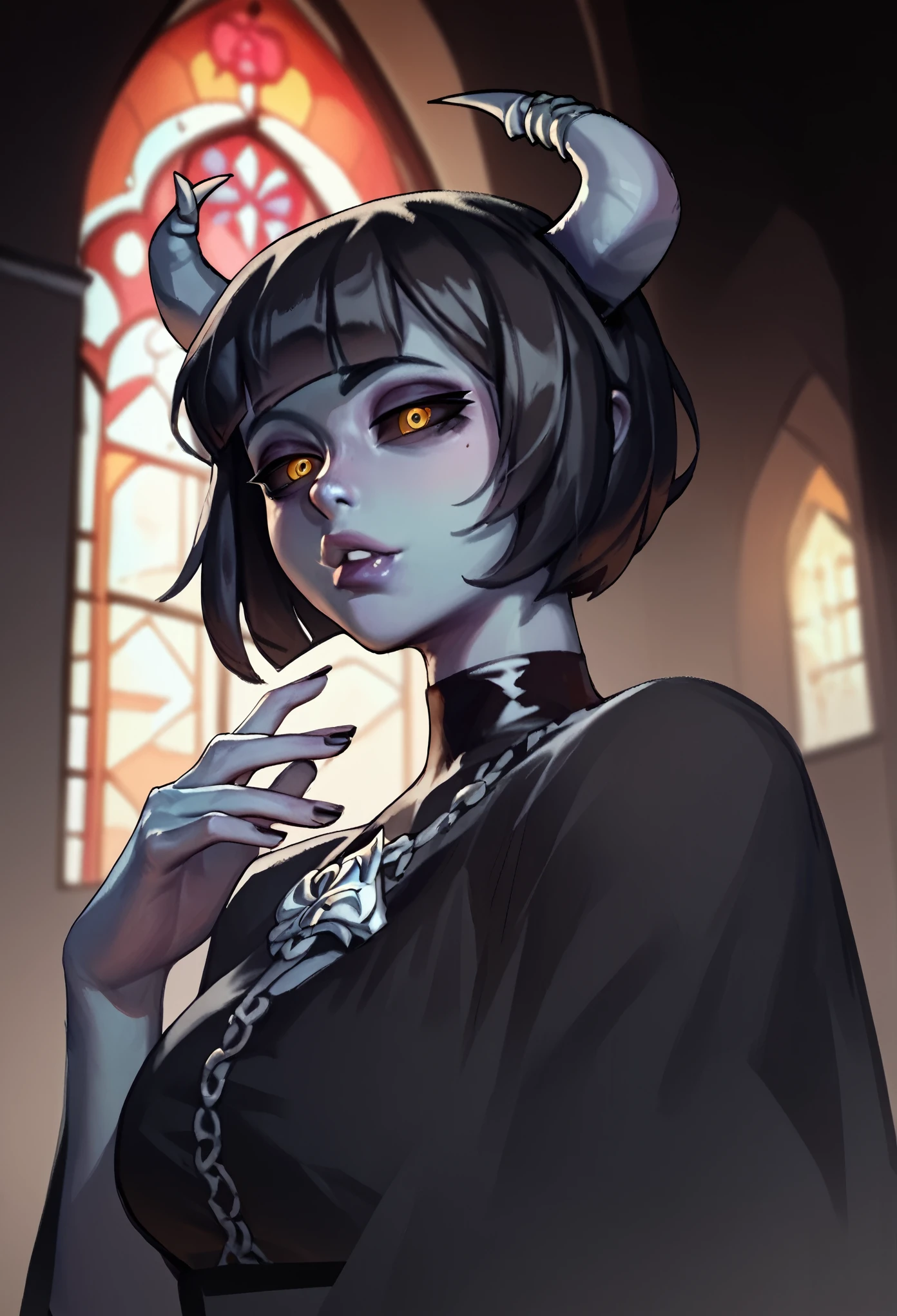 Smudgy, traditional art, liu2, brush texture, score_9, score_8_up,score_7_up, score_6_up, score_5_up, score_4_up, demon woman standing in dark gothic church, blue skin, horns, black sclera, bob cut, large curved horn