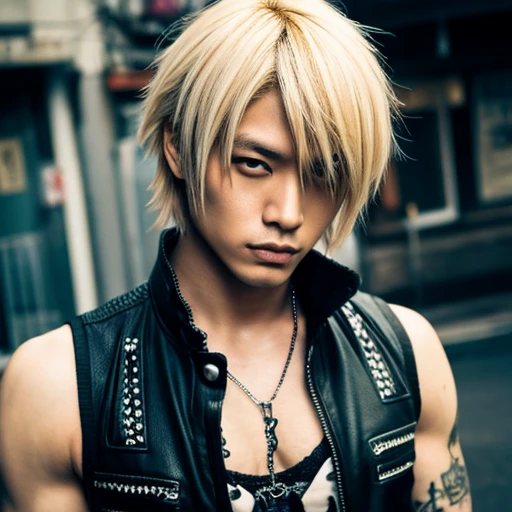 1 japanese male rocker, asien eyes, Visual Kai hairstyle, ultra detailed face and body, hyperrealistic, realistic representation, muscular, broad shoulders, tattoos gothic style, piercings, Visual Kei style, hairstyle Visual Kei, blond, 30 years old, age 30, outfit gothic streampunk, men's shirt and black pants, Asian eyes, eyes Asian, long hair, long hair