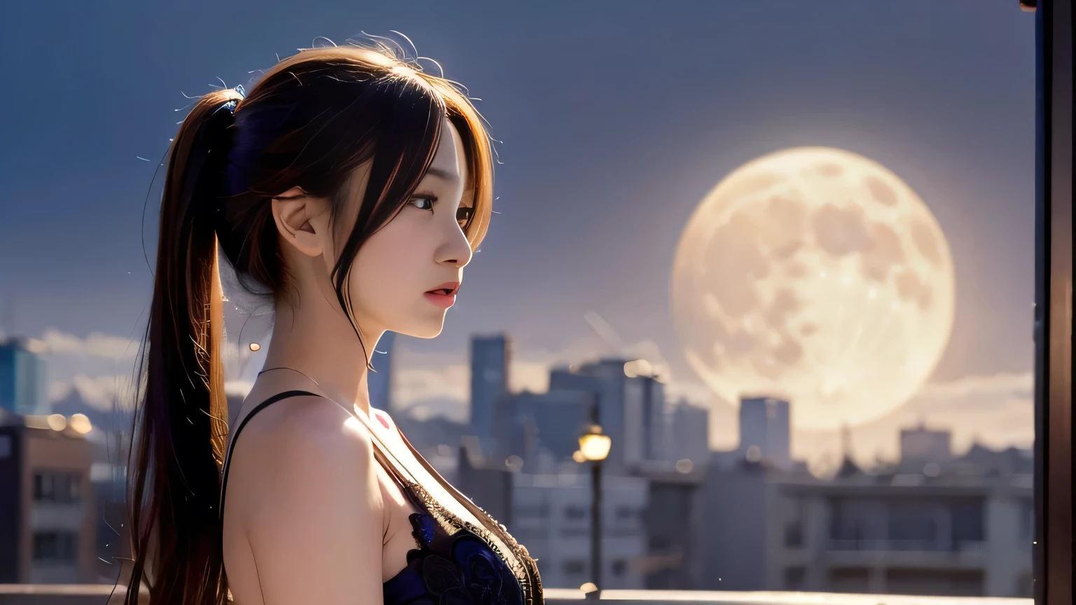 small tits、Watching the full moon、Serious、In the middle of the night view of the city、Beautiful woman enjoying a drink on the roof of a high-rise building、Women's elegant outfits and hairstyles、Urban views of the surroundings、A woman enjoying a drink、Looking at the night view、