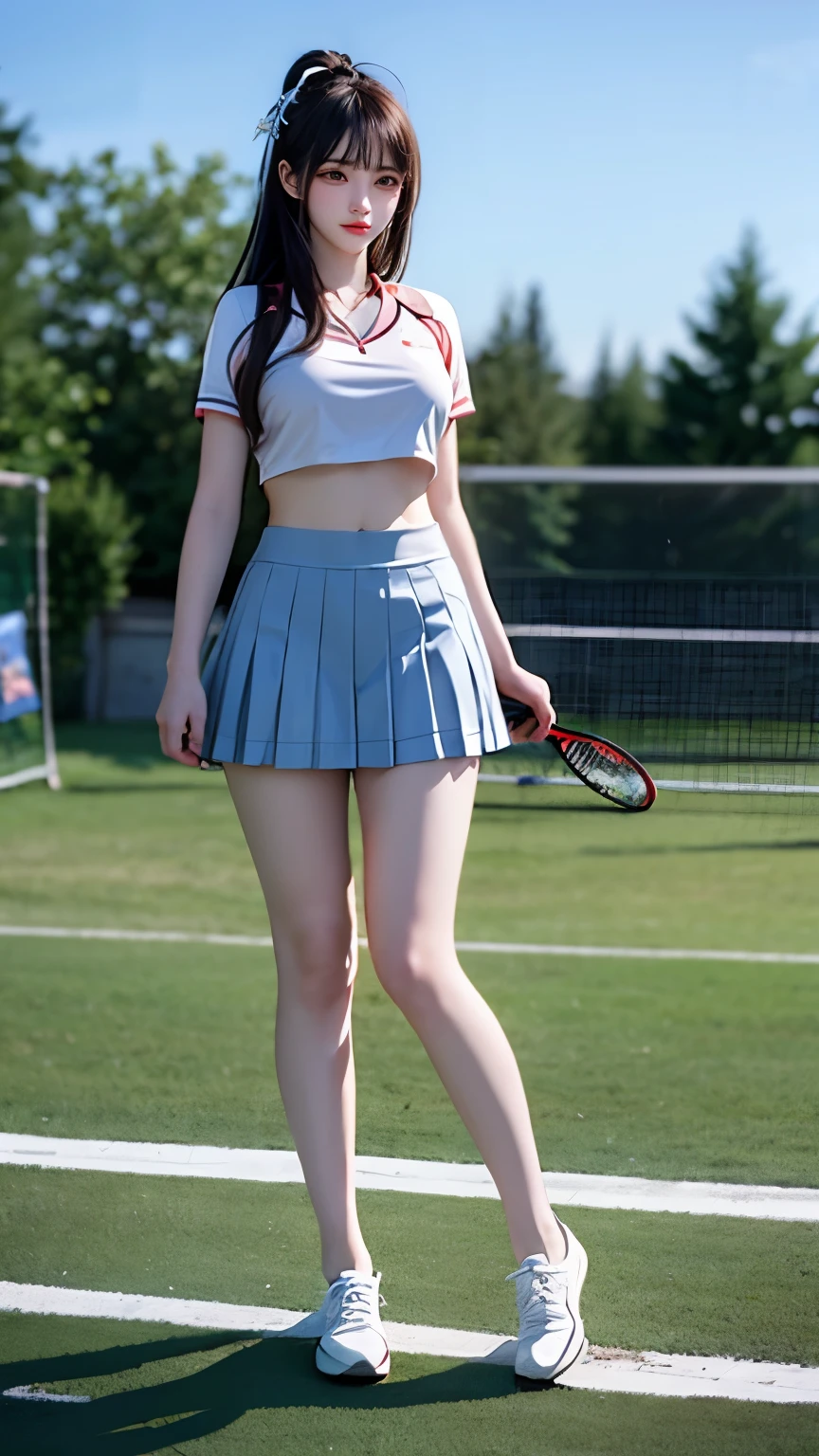 （Very delicate and beautiful：1.2）super model,,Big Breasts,Beautiful breasts,voluptuous,【bike shorts】,,【3girls】,,highest quality, High resolution, 8K,Kick in a hurry,Tennis Wear.mini skirt