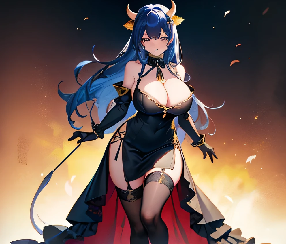 Sharply focused, detailed, 1girl, cow girl, huge boobs, bell on neck, front view, full body image, 4k, blue hair, yellow eyes, cow tail, blush, black dress, standing, stocking, masterpiece,