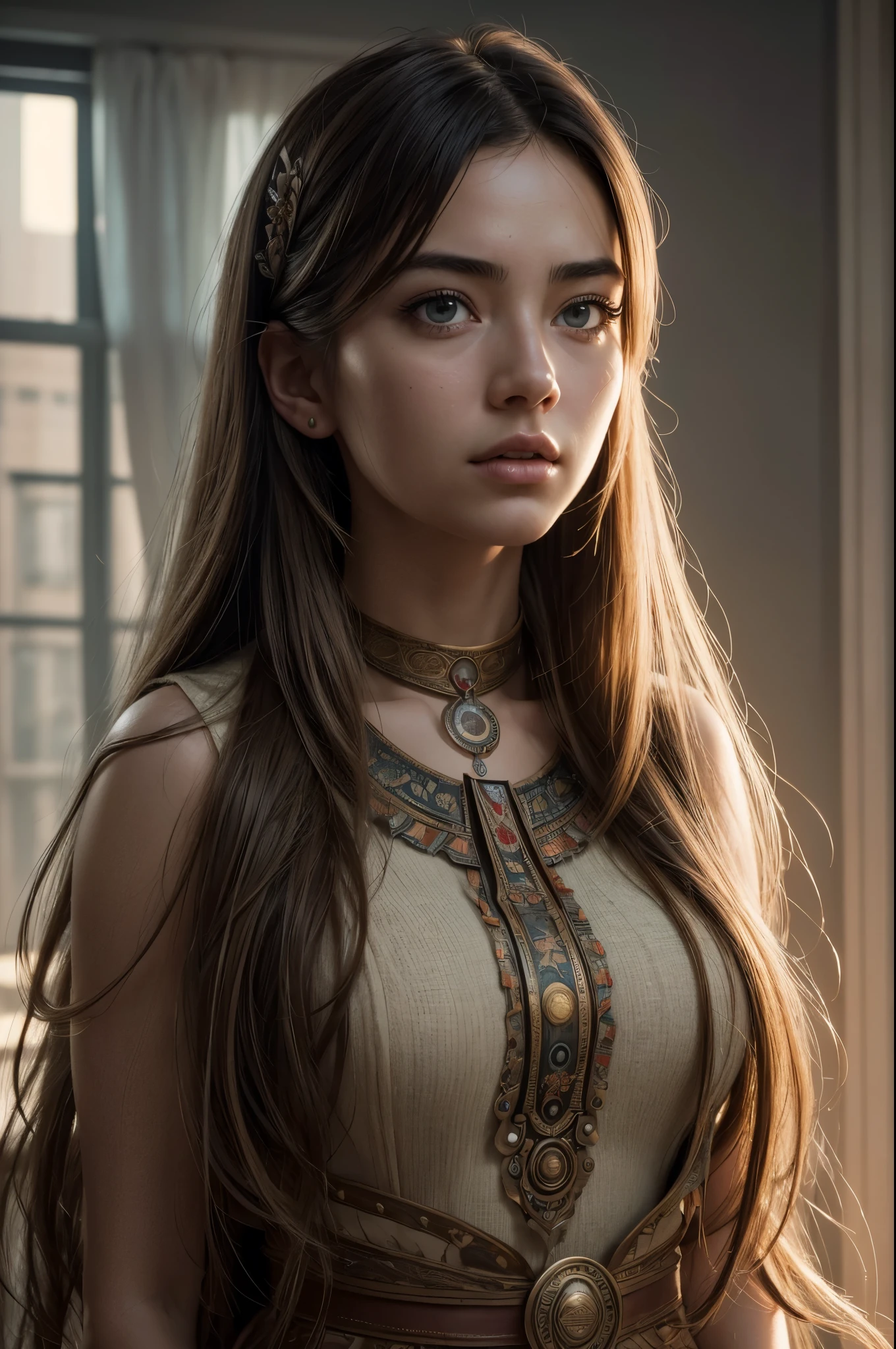 (RAW photo, best quality), (realistic, photo-realistic:1.3),best quality,highly detailed,masterpiece,ultra-detailed,illustration,1girl,upper_body,dynamic angle,world masterpiece theater,messy_long_hair,best quality,extremely detailed CG unity 8k wallpaper,ink,Amazing,cinematic lighting,lens_flare, dunhuang_style