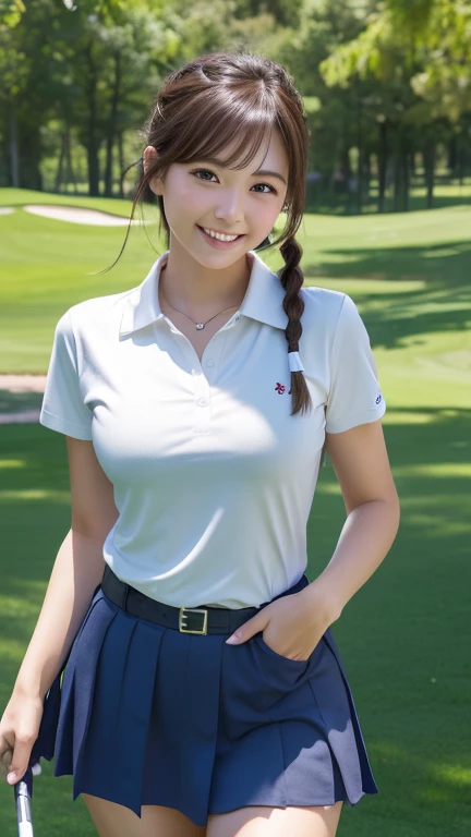 Beautiful and caring girl, Very detailed eyes and face, Beautiful and delicate eyes, I do not understand what it means, Incredibly, Large file size, Very detailed, High resolution, Very detailed, highest quality, masterpiece, kemomimi, ((Japanese Girls)), shape, Very detailed, CG, Unity, 8k wallpaper, wonderful, The finer details, masterpiece, highest quality, Very detailed CG uniform 8k wallpaper, Face Light, Cinema Lighting, 1 female, Golf course、Professional Golfer,He is wearing golf attire consisting of a blue polo shirt.、Wearing a short skirt,((heavy chest:1.4)), (Plump Ass:1.3),(Looking at the camera:1.4),Upper body from the knee up,((Big smile)),Wearing a sun visor, Have golf clubs, Single braid, 29-year-old,