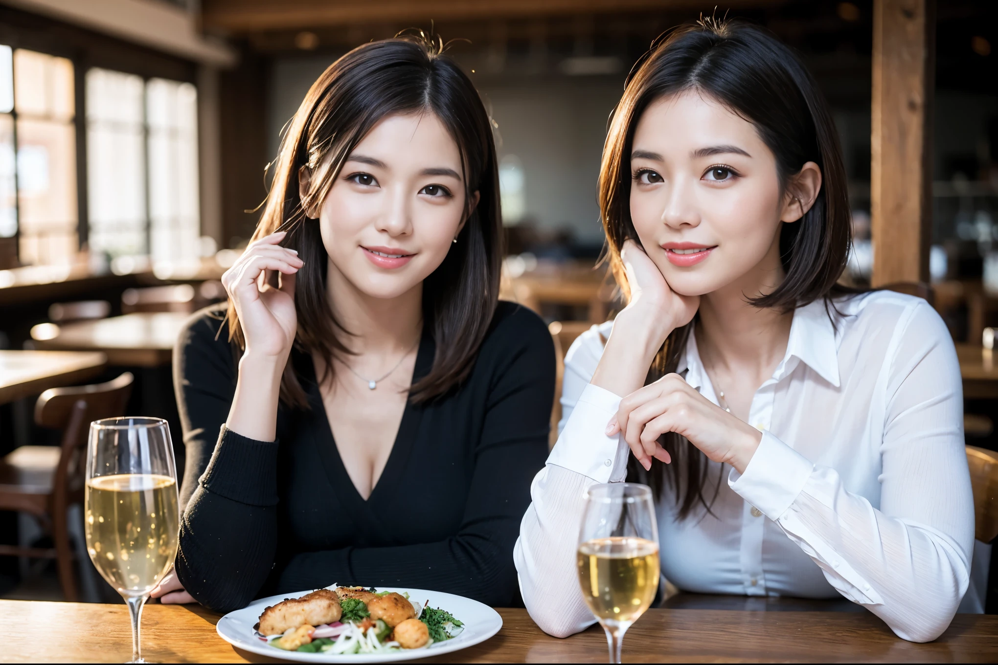 ((highest quality、8k、masterpiece:1.3))、Ray Dan lookalike beauty、1 male、1 female、Couple、Spouse、half、The body is slim、((Bob Hale、Straight hair:1.2)), (Realistic, Intricate details:1.2), Wine glass on the table、Shine light on your face、 Amazing view of the sunset sky and clouds、Amazing mountain views、A bright smile、The wonderfulness of smile、Bright image、The beauty of wine, Beautiful Face, blue eyes, The light shines on your face, Blushing, short hair,Bright Face、 (Age 44), 43 years old, red wine 、Appetizers、Italian food、Wine bottle、Champagne、sparkling wine、Two beauties、Brown Hair、Shortcuts、Long sleeve shirt、dress、Pretty Woman 1, (Slim face), (The body is slim), (Brown Hair), (Shortcuts), cheeks turn a little red,Attractive beauty、restaurant, In a prominent place (From the waist up) Nova Frog Style, actress, model, Upper Body, White wine, slim, wine glass, A wine glass placed in the center, smile, (smile: 1.15), Beautiful fine grain, Depth f/2,saturation, High Contrast, Strong light and shadow,Moist Body:1.5、3D texture、Delicate eyes、Brown Hair、The hair is very shiny、
