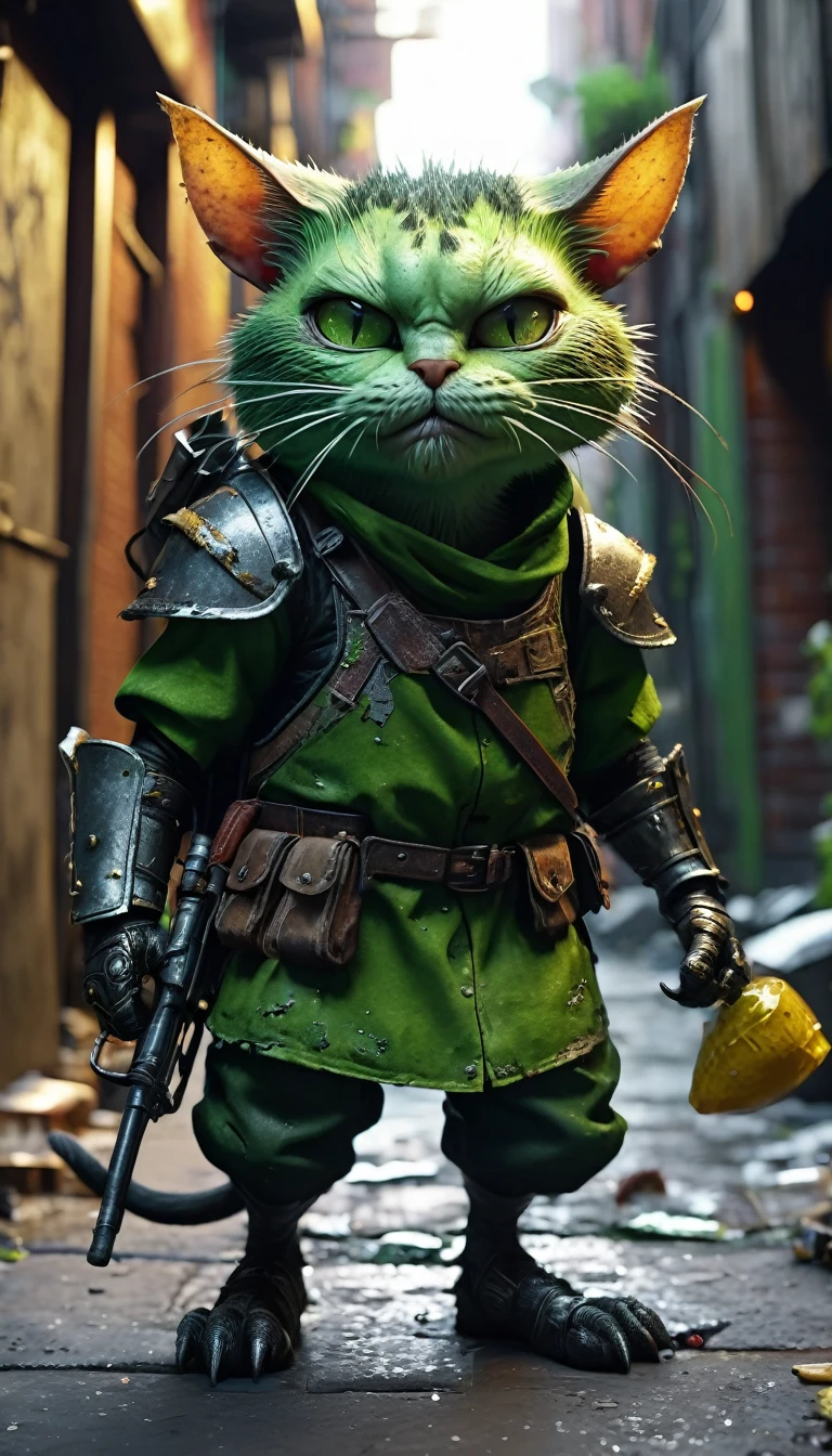 A tough alley cat is hunting mouse sized goblins(,Green skin, garbage armor, scrap metal weapons, not brave, very big heads),seedy, dimly lit alleyways,(best quality,4k,8k,highres,masterpiece:1.2),ultra-detailed,realistic:1.37,portraits,vivid colors,green color tone,moody lighting