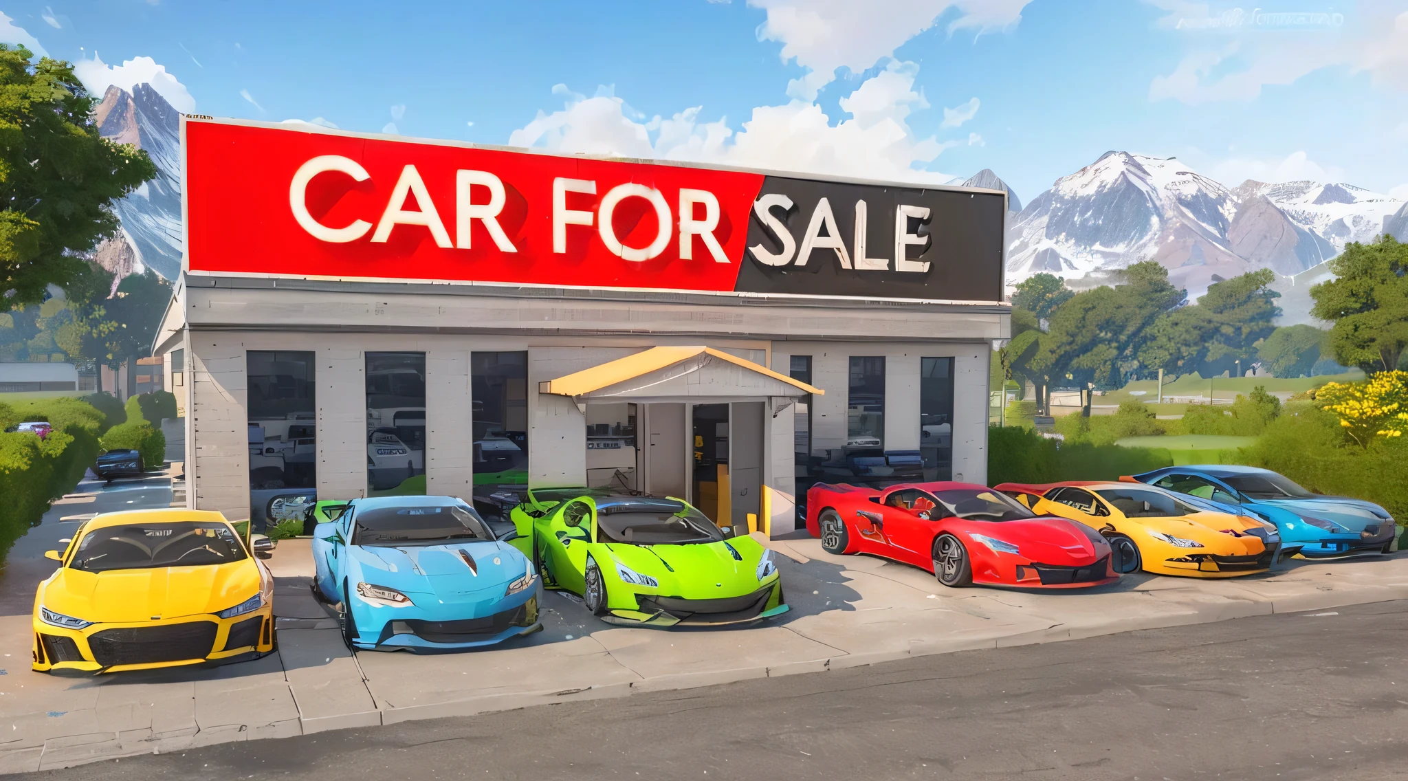 image of a car for sale store with cars parked outside, car trading game, car on sale, realistic cars, the creature sells a used car, car, car, cg art, car garage, realistic unreal engine 3 d game, cars, render, in front of a garage, advertising photo, highly realistic unreal engine, by Samuel Silva
