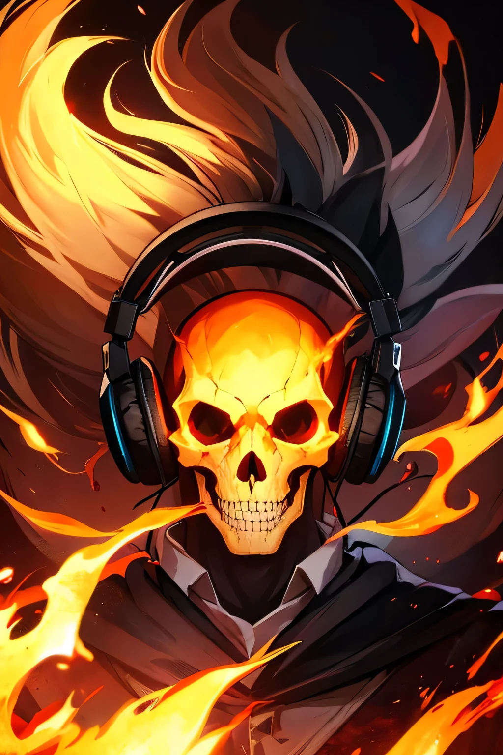 Create an anime-style close-up shot of an anthropomorphic male fox character's face that undergoes a dramatic transformation into a laughing, flaming skull. Initially, depict the vibrant and expressive face of the male fox, with detailed fur, sharp, intelligent eyes, and a lively and energetic personality. He should be wearing a prominent pair of high-quality gamer headphones.

During the transformation, focus on the male fox's facial features as they shift into a more spectral form. The final close-up should be of a laughing skull on fire, retaining the distinct shape of a fox skull. The flames should be dynamic and vivid, enveloping the skull but not obscuring its details. The gamer headphones should remain visibly intact and perched on the skull, providing a surreal and eerie contrast to the fiery, skeletal visage. Ensure the composition captures the intensity and energy of both forms, blending elements of anime style with a dark, supernatural twist.