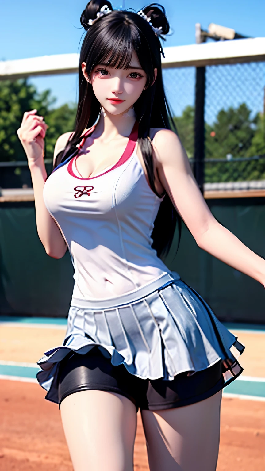 (Very delicate and beautiful:1.2)super model,,Big Breasts,Beautiful breasts,voluptuous,【bike shorts】,,【3girls】,,highest quality, High resolution, 8K,Kick in a hurry,Tennis Wear.mini skirt