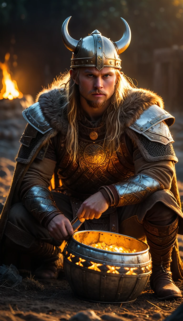 As the sun began to set, The warm golden hues of the sun illuminated his ornate attire, casting a warm glow across the area, Ground-level shot, badass viking eating, background dark, hyper realistic, ultra detailed hyper realistic, photorealistic, Studio Lighting, reflections, dynamic pose, Cinematic, Color Grading, Photography, Shot on 50mm lens, Ultra-Wide Angle, Depth of Field, hyper-detailed, beautifully color, 8k, golden light from the front,