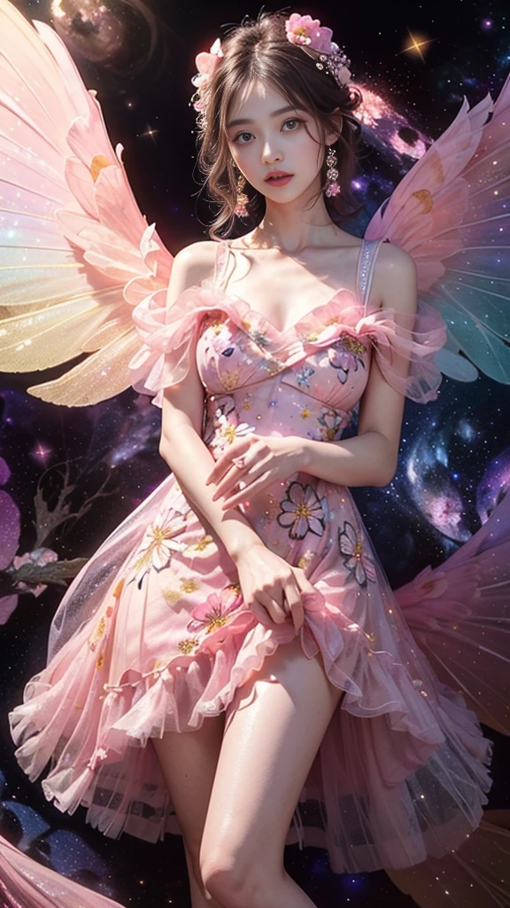4K Ultra HD, masterpiece, A girl, Good face, delicate eyes, Detailed lips, Flower fairy girl, Big Wings, Transparent wings, Neon, (Galaxy Background:1.5), (Floral Dress:1.8), (pink dress:1.5), in heaven,front,Hold hands in front of you