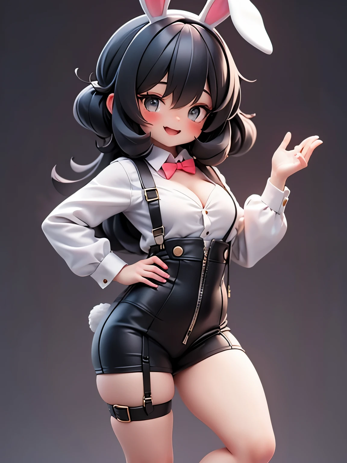 Simple background,Sexy,Bunny Girl,Lovely,Happy,medium length hair,Black Hair,Black suspenders,Cleavage
