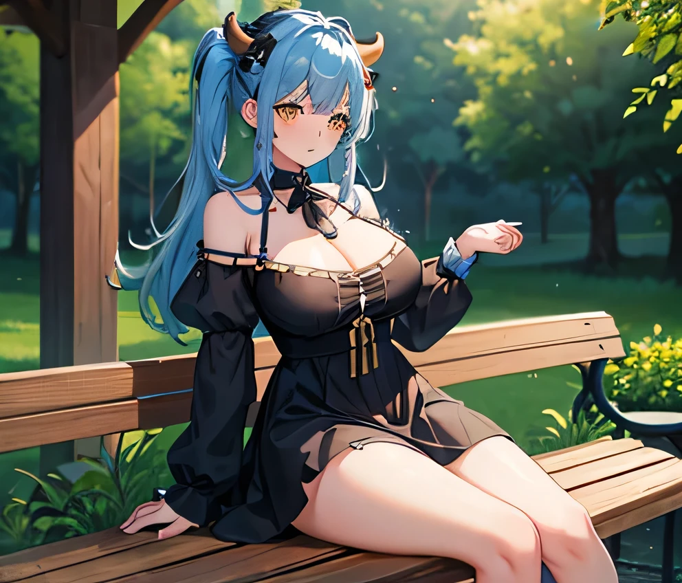 1girl, cow girl, huge , bell on neck, front view, full body image, 4k, blue hair, yellow eyes, cow tail, blush, black dress, sit on bench, stocking, masterpiece,looking at viewers, 