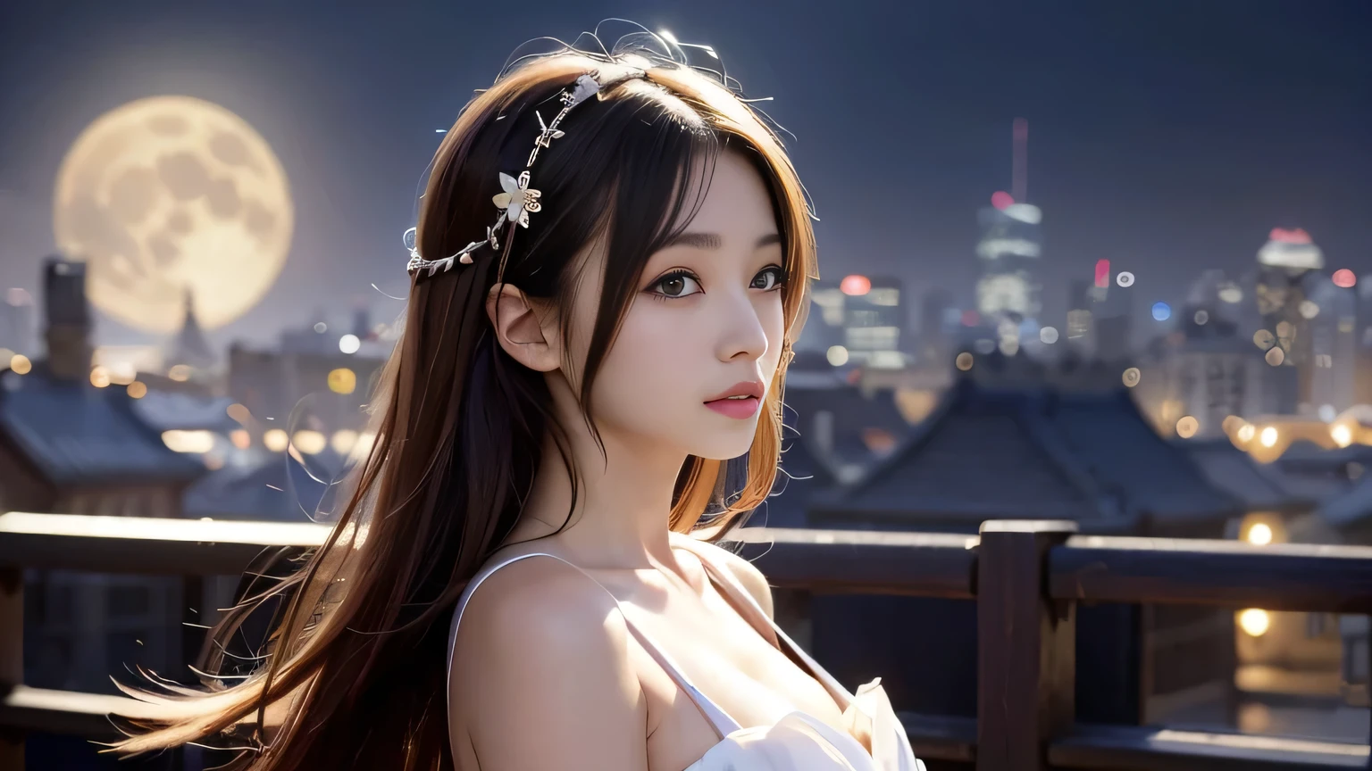 A 25-year-old Japanese woman with a beautiful profile like a popular actress。For crystal clear white skin、A slightly sad expression, as if she had been heartbroken。Her very long and beautiful hair is impressive.。Wearing the latest fashionable clothes。The background is dark at night、A big moon is floating。Realistic images as if they were taken with a high-performance camera。High image quality。