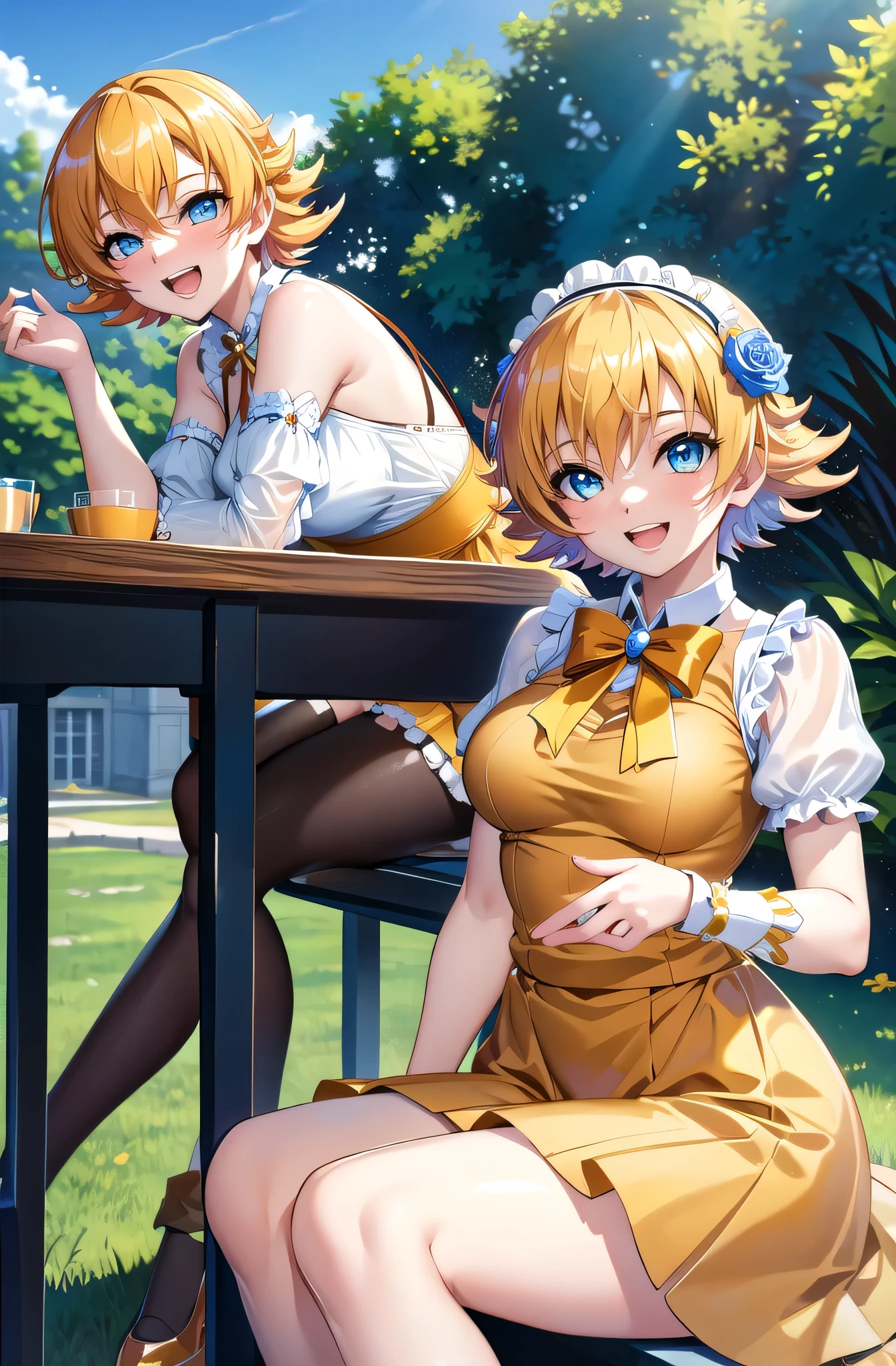 (masterpiece, best quality, detailed), 1girl, solo, outdoors, garden, rose, grass, sunlight, day, blue sky,
sitting, smile, open mouth,
igawa sakura, mami outfit