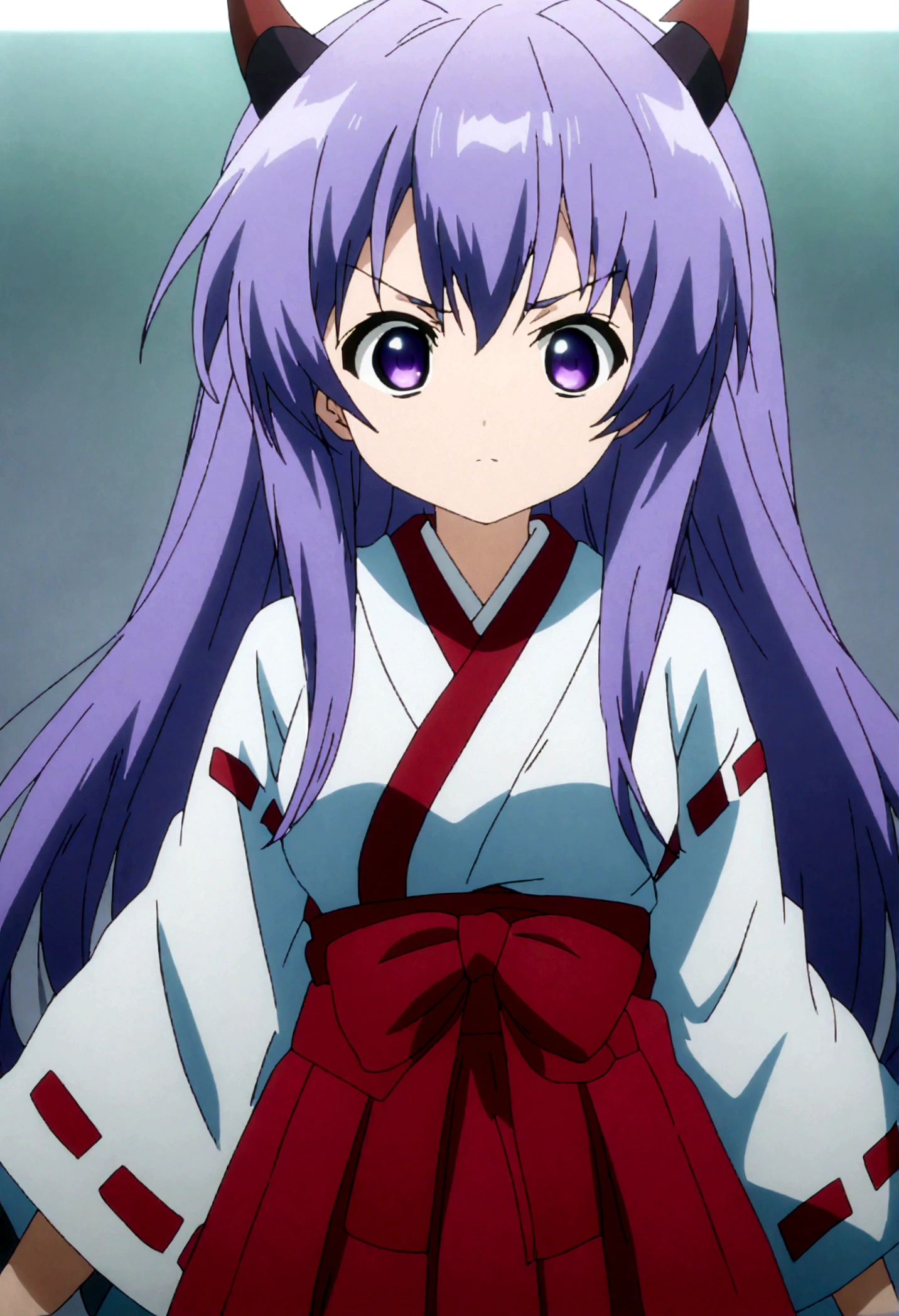 score_9, score_8_up, score_7_up, score_6_up, source_anime,BREAK , 1girl, hanyuu, solo, (tween:1.2), kawaii, ((horns)), medium breasts, purple eyes, purple hair, long hair, simple background, white background, japanese clothes, miko, skirt, hakama, hakama skirt, red detached sleeves, red hakama, ,straight-on,,anime screencap, anime coloring,,(cinematic lighting,professional lighting),cinematic shadows,backlighting