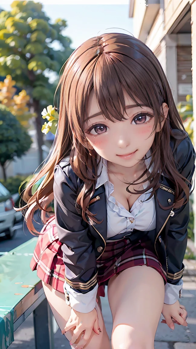 ((((highest quality)))), (((Ultra-precision CG 16K))), (((masterpiece))), (((Very detailed))), (((Extremely detailed))), (((Black outline:1.3, Written boundary depth:1.3 , Written soft outline))), Blur, Bokeh, Maximum clarity and sharpness,Multilayer Texture, Surface Shading, Cinematic lighting, Beautiful details sparkle ,Perfect Proportions, Limited to three woman, BREAK accurate, Anatomically correct, Highly detailed face and skin texture, drawn in detail, Highly detailed facial and skin texture, Detailed eyes, beautiful hair, Beautiful Japanese Idol face, Beautiful and beautiful eyes, Beautiful body, Beautiful breasts, Beautiful thighs, Beautiful legs, Beautiful fingers, (Beautiful views) , skinny body, ((Beautiful Skin)), ((Skin Texture)) BREAK breast enlarged, large Breasts, perky breast, (blush, smiling:1.3, brown eyes, pink cheek, Double eyelids, Thin eyebrows, narrow eyes:1.3, Natural cheeks, Glossy skin, Fair skin:1.2, (Glossy lips:1.4, shiny lips: 1.4 ), high school student, Attractive adult woman ) , Long-Hair:1.3, straight-Hair:1.3, Hair Intake, Inner hair color, [(gradient hair from black to yellow:1.4):0.4], BREAK (girly fashion, low rise mini skirt with slits, burberry check skirt, wearing outerwear outfits to button up) , nail art, necklace, Bridal Ring, wearing a watch BREAK (Stretching-upwards:1.3),( bent-over position , hands between legs, a girl relaxing in a cafe:1.3, book and coffee cup on table, sunny outdoors,:1.3 , from front, from below, looking at friends , bust up, cowboy shot), Hydrangea