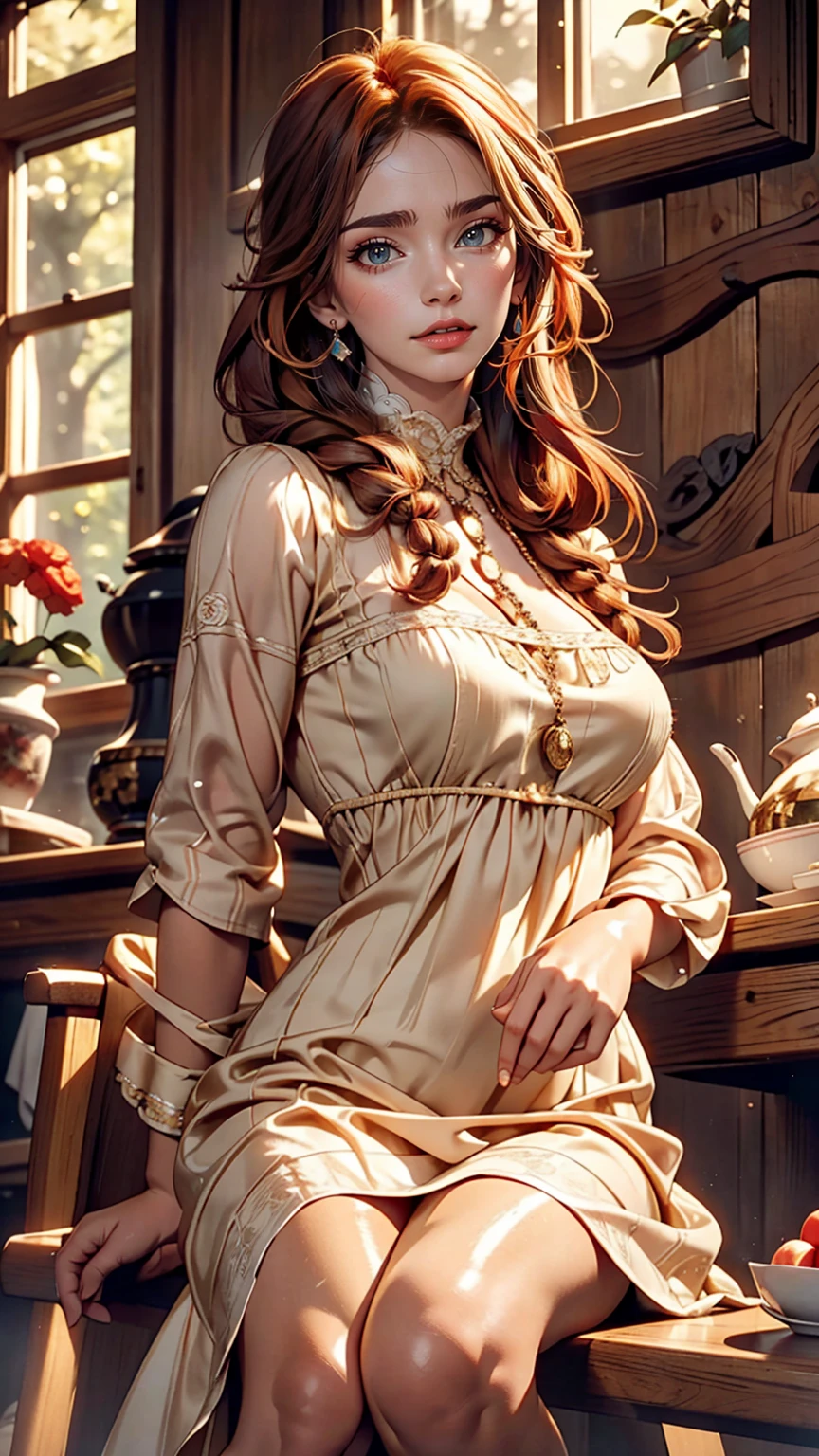 Young Scandinavian woman, Cute Face, Fascinating, highest quality, masterpiece, Translucent summer dress, Golden Hour, Detailed Texture, Long braided hair, Pause, カジュアルなPause, Wooden cottage, interior, [blush], beautiful, complicated, Caustics, light, sunlight, (((Soft lips))), (((Glossy lips))), Very detailed, (Semi-realistic:1.2), Niroudef, Redhead、Sexy proportions、