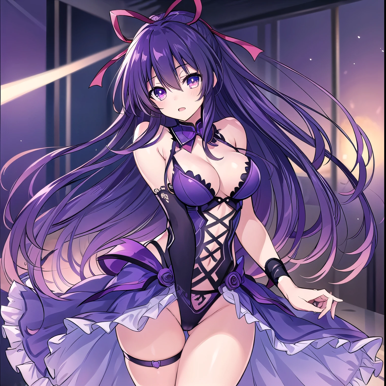 1girl, alone, tohka yatogami, hair ribbon, (purple eyes: 1.1), purple hair, long hair, ribbon, dark purple lingerie, dark purple one-piece lingerie, cleavage, dark purple erotic lingerie, large breasts, medium waist , wide hips, medium thighs, round butt, sexy body, sexy pose, curvy body, standing on sand, hand on hips, room, bedroom, night details, interior, looking at viewer, looking back, from back, ass focus,pov(from below), (masterpiece: 1.2), best quality, high resolution, Unity 8k wallpaper, (artwork: 0.8), (beautiful detailed eyes: 1.6), extremely detailed face, perfect lighting , Detailed CG (perfect hands, perfect anatomy),