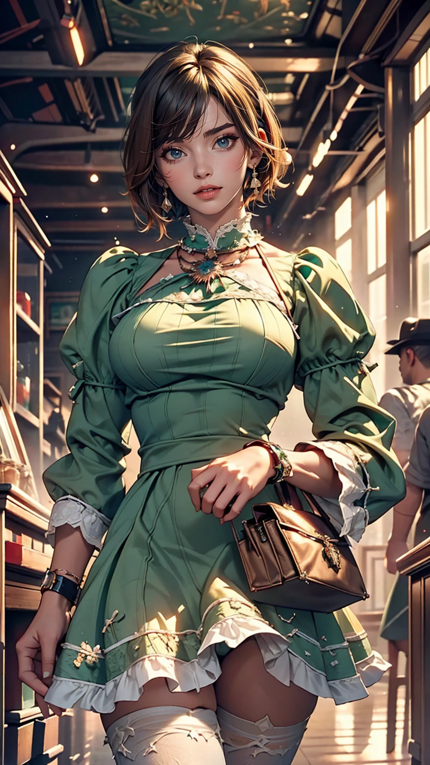 (Cowboy Shot), SFW, (masterpiece), (highest quality:1.0), (Ultra-high resolution:1.0), Fine grain, break , Miss Martian YJ, Green skin, short hair, One girl, sweet_ta, break, (street, indoor, Nice views)